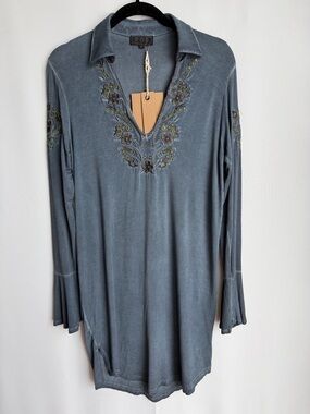 POL Slate Blue Embroidered V-Neck Dress Oversized Small